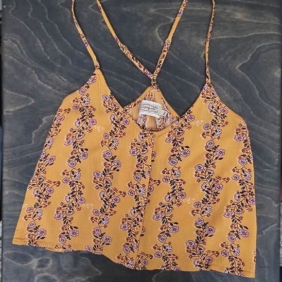 Monk & Lou saffron yellow floral print button front ruffle crop tank - Picture 4 of 10